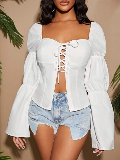 SHEIN SXY Spring & Summer Solid White Vintage Court Princess Lantern Sleeve Cross Tie Collar Long Sleeve Shirt, Tight Fitting Camisole Top, Versatile For Daily Wear, Office, Romantic Date, Party, Birthday, Vacation