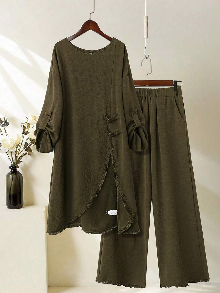 Al Najma Women's Plain Round Neck Roll Cuff Split Hem Long Top And Pants 2 Pieces Set, Casual - Army Green - View 1