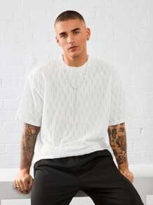 Manfinity VCAY 男女款休闲提花针织宽松落肩圆领短袖 T 恤，适合日常穿着 - 白色 - 查看 3