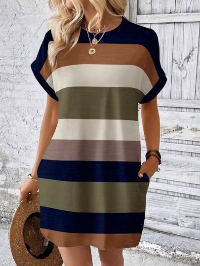 SHEIN LUNE Vestido casual de vacaciones para mujer con mangas de murciélago y rayas de contraste