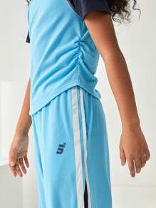 JNSQ 返校服、青少年女孩服装、女童套装：2 件/套女童休闲运动短袖上衣和阔腿裤套装，儿童圆领撞色哈伦裤短袖 T 恤宽松套装，适合秋冬日常穿着、户外活动、度假、街头风格、派对和休闲