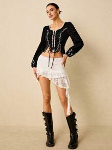 Poéselle 黑色刺绣上衣，女式衬衫，外出上衣，上衣，波西米亚风，收腰设计强调腰线，可调节领带，更加百搭和时尚。时尚刺绣设计增添个性化和魅力，完美展现女性轮廓。女士花卉印花系带设计长袖短款衬衫，完美搭配高腰裤或独特裙子，打造轻松时尚外观。 - 黑色 - 查看 6