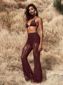 Opulessa Pantalones largos de mujer con cintura alta, con volados y encaje, ideales para vacaciones