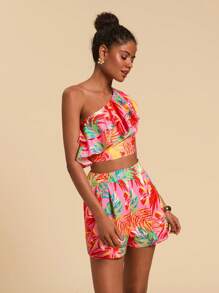 Travachic 2pcs Women's Tropical Print Asymmetric Shoulder Top And Shorts Set - Hot Pink - View 6