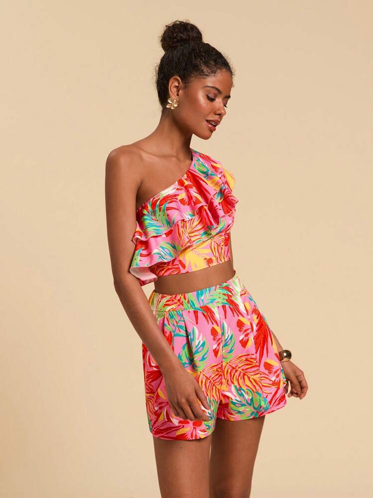 Colorful one shoulder tropical print top and matching shorts set