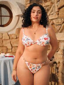 SHEIN Swim Curve Plus Size Women's Two-Piece Bikini Set With Ditsy Floral Random Prints And Pearl Accessories V-Neck Tie Back Bra & Swim Bottom Sexy Split Bikini Set, Summer Beach Vacation - Multicolor - View 6
