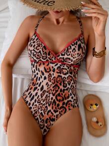 SHEIN Swim Women's Beach Vacation V-Neck Lace Random Leopard Sexy One-Piece