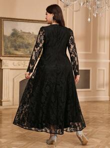 Modelyn Plus Size Elegant Solid Color Lace Long Dress - Black - View 2