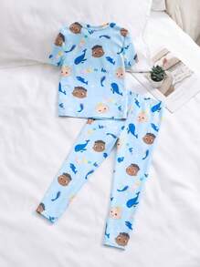 CoComelon X SHEIN Young Boy Whale Print Blue Ocean Cute Fresh Snug Fit Short Sleeve T-Shirt & Pants Comfort Pajamas Set - Blue and White - View 2