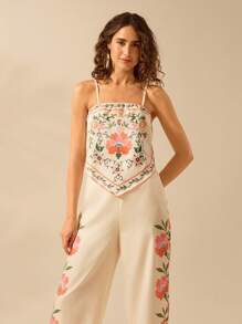 CAJUNI 女士波西米亚风热带花卉彩色印花，复古度假休闲夏季 V 型吊带背心