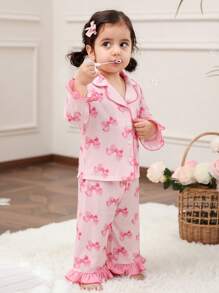 Baby Girls Sweet And Simple Bow Pattern Lapel Buttoned Ruffles Decoration Long Sleeves And Long Pants Comfortable Skin-Friendly Knitted Pajamas Set Two Pieces - Baby Pink - View 5