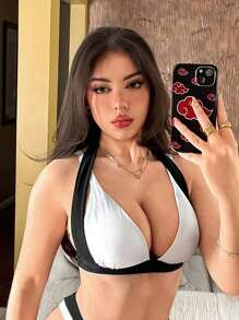 SHEIN Swim Women's Contrast Panel Halter Neck Bikini Top, Summer Beach Vacation - Black and White - View 4