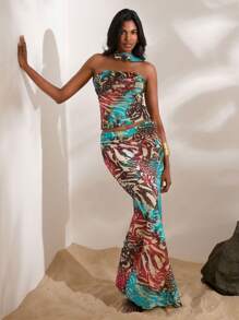 Opulessa Jupe maille imprimée taille haute ourlet sirène pour femmes