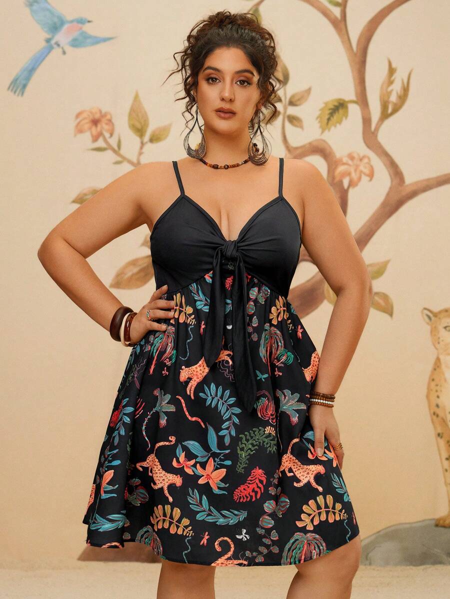 Travachic 大码假日休闲热带印花拼布吊带连衣裙 - 黑色 - 查看 1