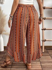 SHEIN Clasi Plus Size Women Floral Retro Print Vacation Wide Leg Pants With Ruffle Hem - Yellow - View 2