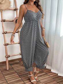 SHEIN LUNE Plus Size Pullover Adjustable Strap Casual Printed Jumpsuit - Black and White - View 1