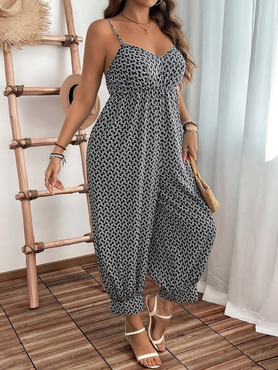 SHEIN LUNE Plus Size Pullover Adjustable Strap Casual Printed Jumpsuit - Black and White - View 1