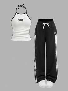 SHEIN 2 Stücke/Set für Teenager Mädchen Lässiger Sport Buchstaben & Symbol Muster weiß ärmellos Strick-Trägertop und weite Hose mit Kordel Dekor, vielseitige Sommer Mode