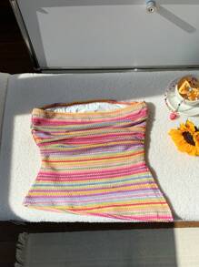 Comfortcana Áo Bandeau sọc nhiều màu cỡ lớn mùa xuân và mùa hè 2025 dành cho nữ, trang phục nghỉ dưỡng thường ngày - Nhiều màu - Xem 3