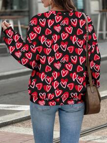 SHEIN LUNE Women Casual Heart Pattern Round Neck Loose Sweatshirt, Suitable For Autumn And Winter - Black - View 2