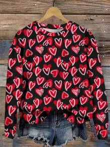 SHEIN LUNE Women Casual Heart Pattern Round Neck Loose Sweatshirt, Suitable For Autumn And Winter - Black - View 7