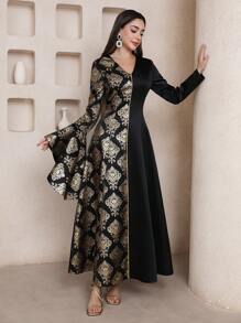 Al Najma Women's Elegant Foil Floral Print Flare Sleeve Arabic Style Dress, Arabian Dresses,Modest - Multicolor - View 1