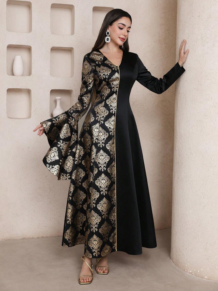 Al Najma Women's Elegant Foil Floral Print Flare Sleeve Arabic Style Dress, Arabian Dresses,Modest - Multicolor - View 1