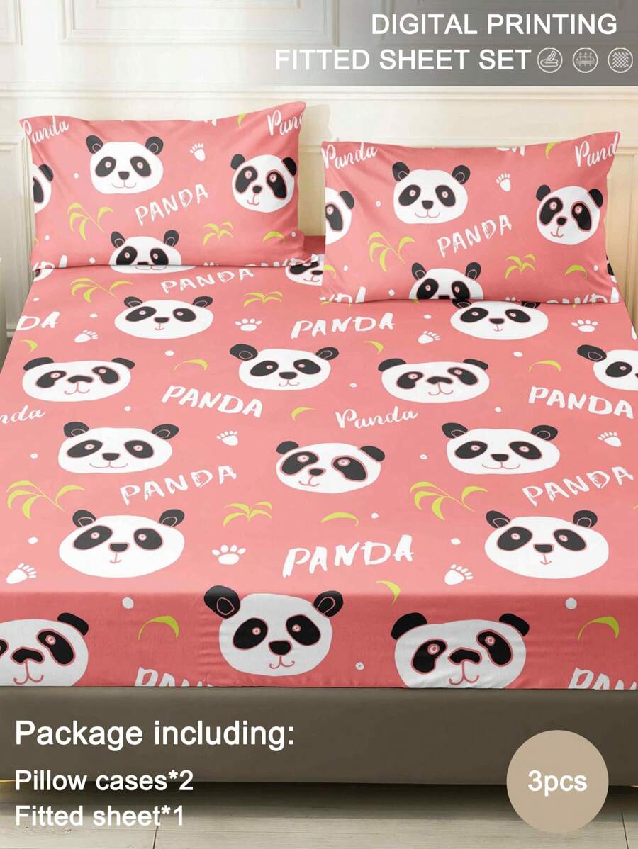3pcs Pink Cute Panda & Bamboo Pattern Bedding Set (1pc Fitted Sheet + 2pcs Pillowcases, Without Comforter Insert), Modern Adorable Design, Soft & Skin-Friendly, Polyester, Breathable For All Seasons, Home Decor - Multicolor - View 1