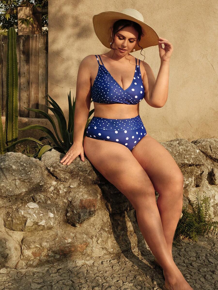 SHEIN Swim Curve 大码女式 V 领波尔卡圆点印花休闲度假泳装比基尼套装，夏季海滩 - 藏蓝色 - 查看 1
