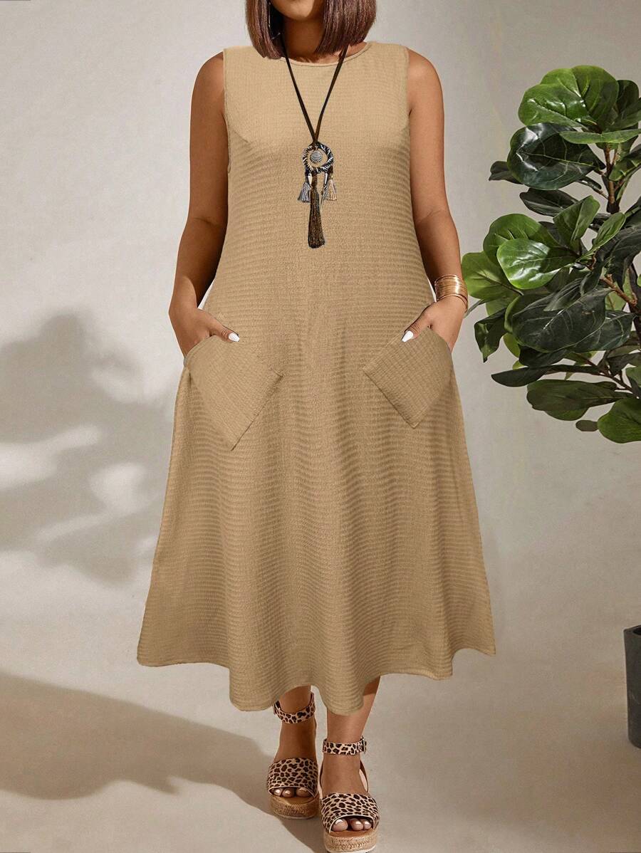 EMERY ROSE Plus Size Women Solid Color Textured Fabric Sleeveless Open Shoulder Pockets Casual Long Dress - Khaki - View 1