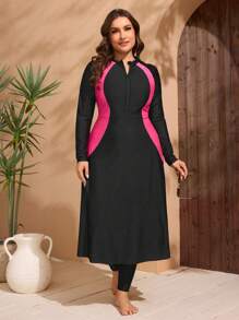 Swim Mulvari Plus Size Women's 2 Pieces Set Black Zipper Patchwork Rose Red Striped Dress With High Waist Pants, Minimalist For Daily Wear Burkinis For Summer Beach Vacation - Black - View 1