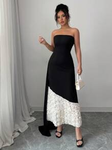 Elenzga 1pc Fitted Knit Dress With Colorblock And 3D Cut-Out Rose Pattern, Bustier Style - Black - View 6