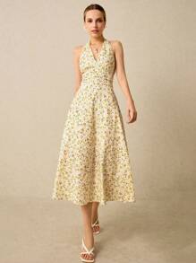 Poéselle Women's Romantic Yellow Ditsy Floral Ruched Waist Backless Halter Dress, Suitable For Vacation