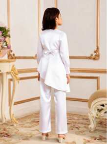 SHEIN Tween Girls Satin Material Jumpsuit With Golden Lace Belt, Elegant Luxury Fashion - White - View 2