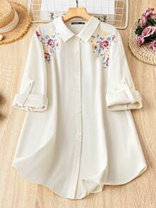 Modelyn Plus Size Front Button Down Floral Print Casual Long Sleeve Shirt - Apricot - View 1