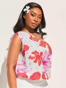 SHEIN SXY 大码女式性感春夏斜肩宽松肩褶皱彩色印花梭织剪裁面料衬衫，适合早春、春夏季、雨林、海滩派对、海边度假、篝火晚会，凉爽轻盈，修身版型，穿着舒适，易于搭配且看起来苗条，突出您的身材，凸显身材