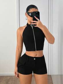 SHEIN ICON 2 件腰带装饰拉链背心和实用工装短裤套装 - 黑色 - 查看 5