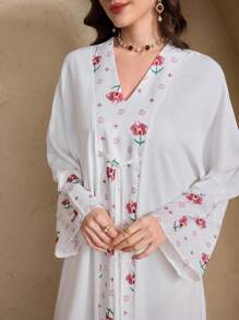 Al Najma 印花长袖长袍，休闲时尚，适合日常穿着 - 白色 - 查看 3