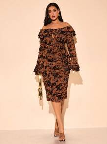 SHEIN BAE Vestido elegante de talla grande con detalles recogidos, manga larga, hombros descubiertos, volantes y tejido flockado elástico en negro, de largo medio, para otoño/invierno