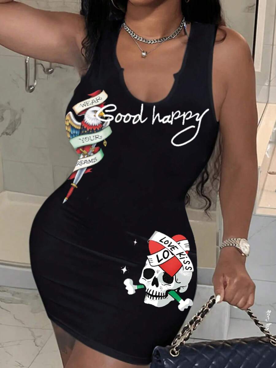 INAWLY Solva Women's Skull Lettering Printed Sleeveless Fitted Dress - Black - View 1