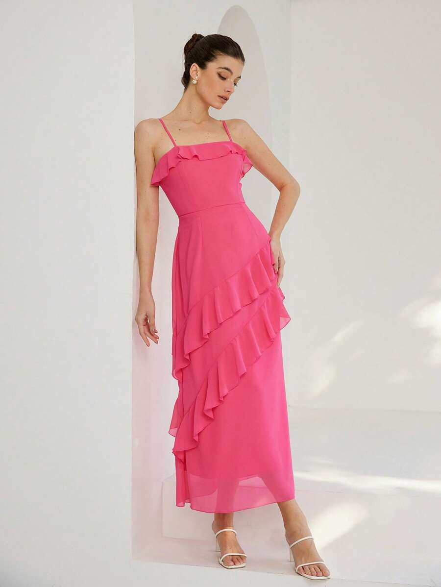 Aveloria Rosie Romantic, Elegant Vacation Style Ruffle Trim Sexy Spaghetti Strap Cinched Waist Multi-Tiered Dress For Women   Old Money Style For Summer