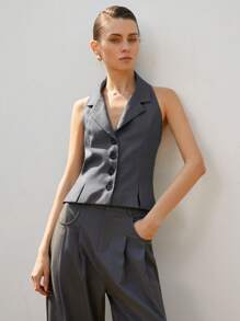 SHEIN Privé Women's Commute Style Collared Halter V-Neck Slim Fit Gray Short Sleeveless Tank Top - Grey - View 1