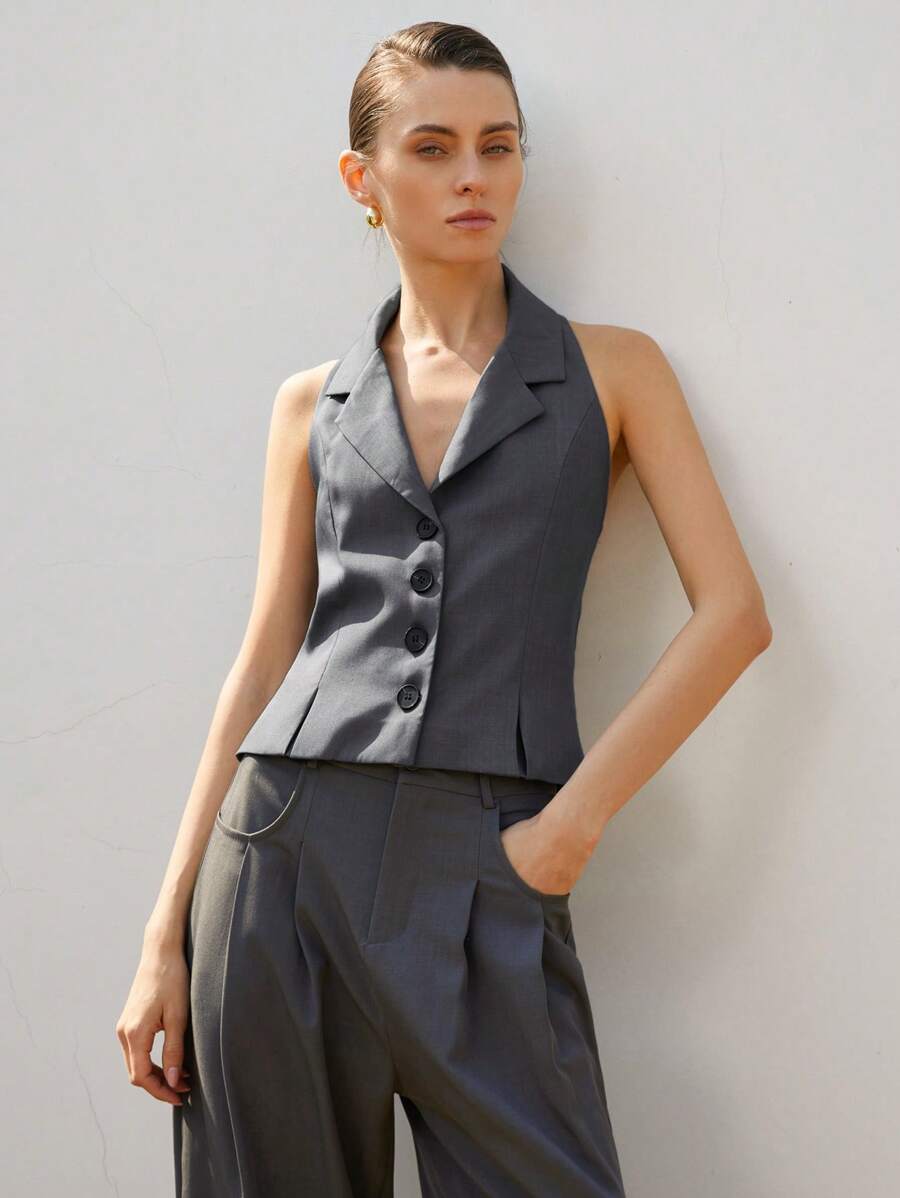 SHEIN Privé Women's Commute Style Collared Halter V-Neck Slim Fit Gray Short Sleeveless Tank Top - Grey - View 1