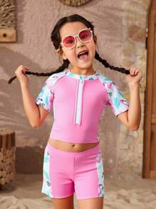 Young Girl Solid Color Splicing Front Button Short Sleeve Bikini Swimwear Set