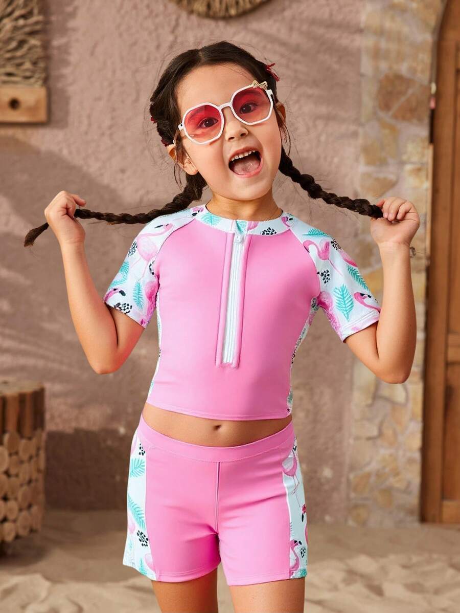 Young Girl Solid Color Splicing Front Button Short Sleeve Bikini Swimwear Set
