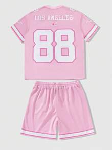 ROMWE MEN Prep 男士字母印花V领短袖T恤短裤休闲套装 - 粉色 - 查看 2