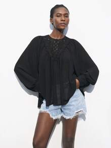 Maija Women's Spring Lace Patchwork Ruched Relaxed Fit Black Long Sleeve Blouse,Boho