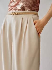 SHEIN LUNE Women's Fashion Woven Solid Color Straight Leg Casual Pants Fall Cloth For Women - Beige - View 4