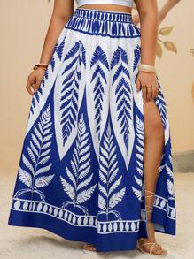 Travachic Tropical Print Plus Size Loose Swing Skirt, High Slit Beach Bohemian Skirt For Women, Spring Summer - Blue - View 4