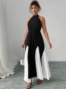 Elenzga Vestido midi con cintura asimétrica, corte en A y espalda descubierta de elegancia francesa para mujer talla grande - Negro - Ver 6